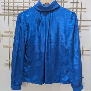 VTG First Glance Blue Floral Jacquard High‎ Neck Long Sleeve Satin Blouse Top